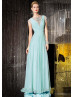 Chiffon Beaded Neckline Cap Sleeves Long Prom Dress 
